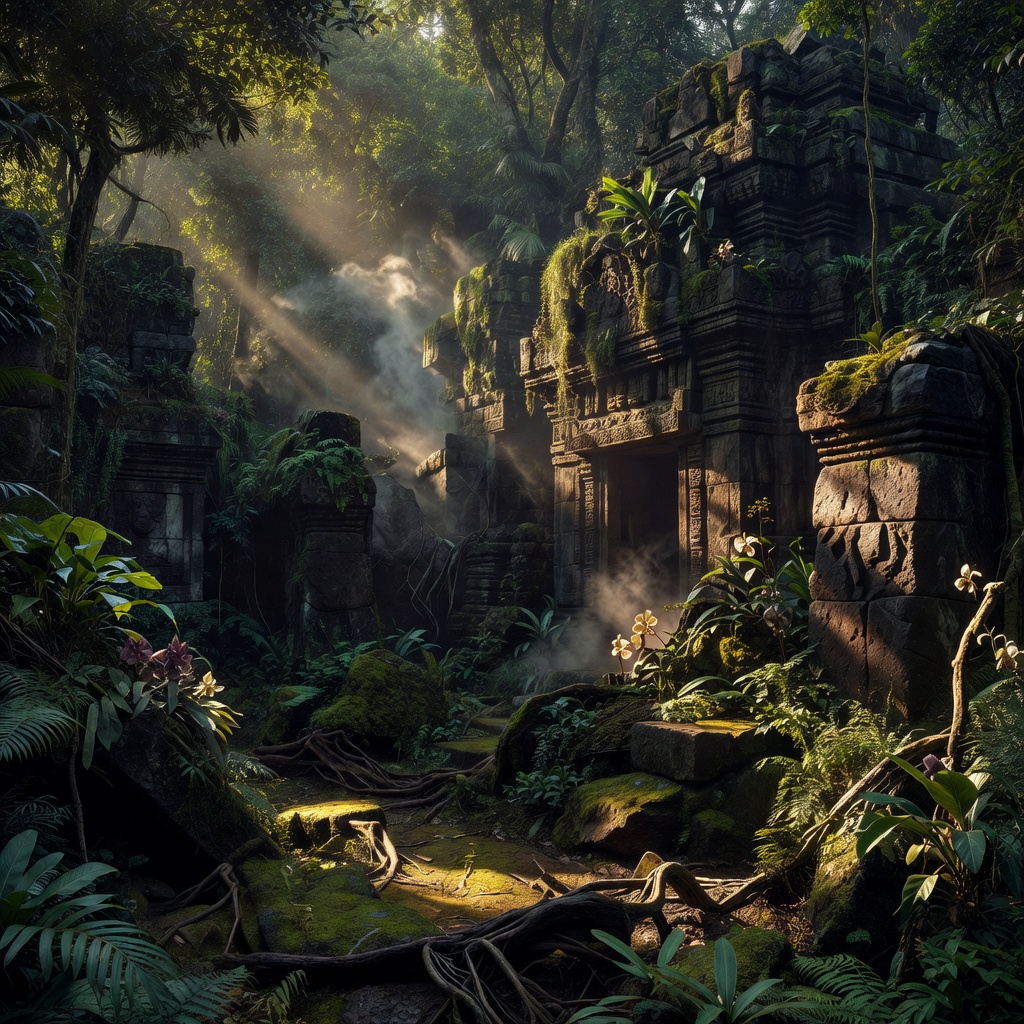 Scenic panoramic view of ancient mysterious temple ruins covered in dense green jungle vine vegetation with golden mystical beams of light casting soft shadows