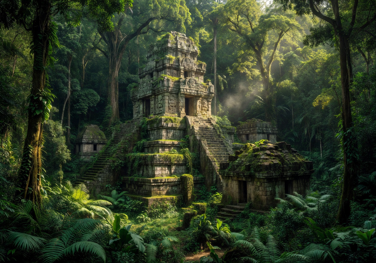Towering step-pyramid style ancient stone temple complex with multiple terraces rising above dense green trees under an atmospheric dark jungle sky