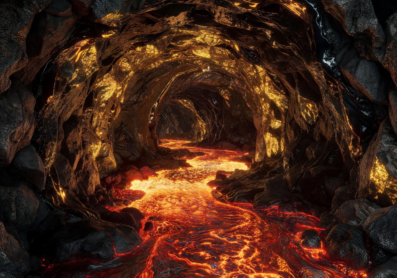 A deep cavernous underground volcanic mine tunnel with bubbling molten orange magma casting dramatic red and yellow reflections on dark igneous rock walls